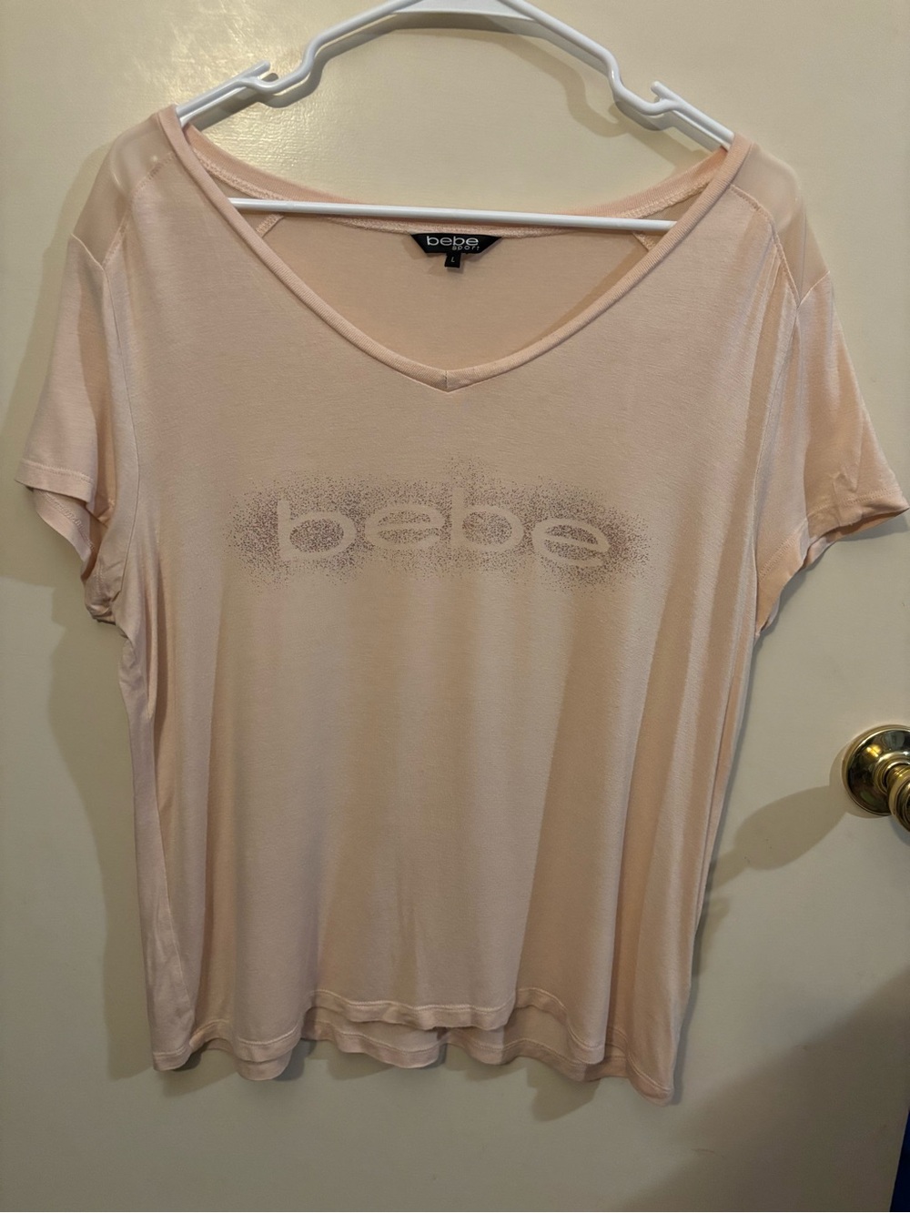 bebe Pale Pink V-Neck Logo Short Sleeve Tee